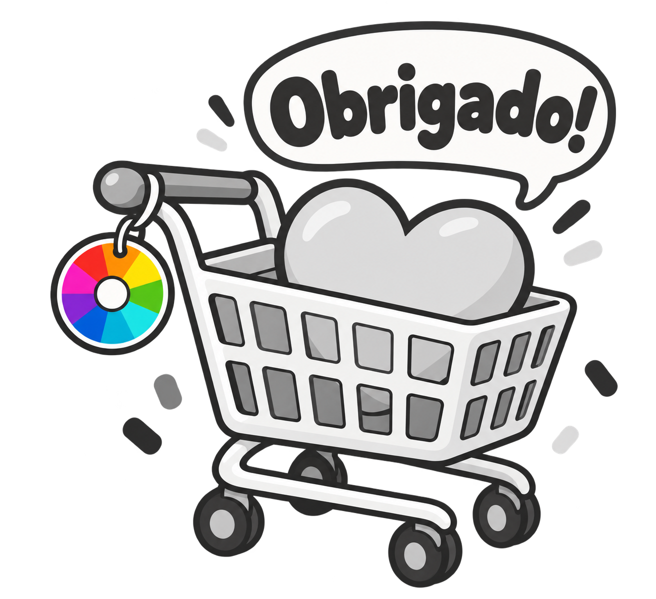 Um carrinho de compras com um coração e a mensagem Obrigado!